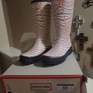 Hunter Tall Logo Rain Boots in White, Red and Black